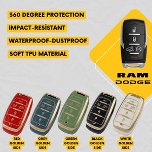 Op de afbeelding: Sleutelbehuizingen in rood, grijs, groen, zwart en wit met gouden randen. De afbeelding bevat de tekst "360 Degree Protection", "Impact-Resistant", "Waterproof-Dustproof" en "Soft TPU Material". Voor Ram Dodge.