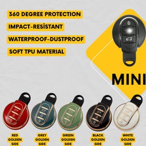 Op de afbeelding: Een verzameling autosleutelhoezen in rood, grijs, groen, zwart en wit, met gouden details. De afbeelding toont ook de tekst "360 DEGREE PROTECTION", "IMPACT-RESISTANT", "WATERPROOF-DUSTPROOF" en "SOFT TPU MATERIAL".