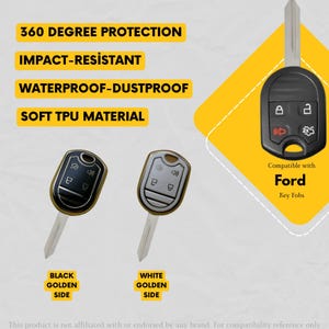Puede incluir: Imagen de llaves de coche con el texto "360 DEGREE PROTECTION", "IMPACT-RESISTANT", "WATERPROOF-DUSTPROOF" y "SOFT TPU MATERIAL". Los llaveros son negros y blancos con detalles dorados. También está presente el texto "Compatible con Ford Key Fobs".
