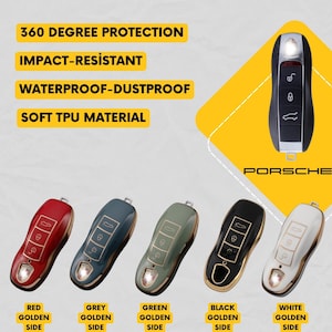 Puede incluir: Imagen de llaveros de coche rojos, grises, verdes, negros y blancos con detalles dorados. Los llaveros llevan la palabra "Porsche". El texto de la imagen dice "360 DEGREE PROTECTION", "IMPACT-RESISTANT", "WATERPROOF-DUSTPROOF" y "SOFT TPU MATERIAL".