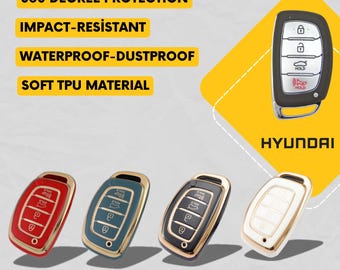 May include: Image of Hyundai car key fob covers in red, grey, black, and white with gold-coloured trim. The image includes text that says "360 Degree Protection", "Impact-Resistant", "Waterproof-Dustproof", and "Soft TPU Material".