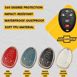 May include: Image of Chevrolet car key fobs in red, grey, black, and white with gold accents. The image also shows a black key fob. Text on the image reads "360 Degree Protection", "Impact-Resistant", "Waterproof-Dustproof", and "Soft TPU Material".