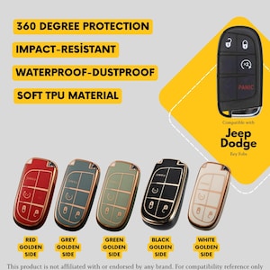 Puede incluir: Imagen de fundas para llaves de coche en rojo, gris, verde, negro y blanco con detalles dorados. Las fundas están diseñadas para llaveros Jeep y Dodge. El texto de la imagen dice "360 Degree Protection", "Impact-Resistant", "Waterproof-Dustproof" y "Soft TPU Material".