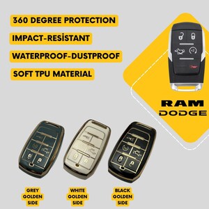 May include: Image of three car key fobs in grey, white, and black with gold accents. The image also shows a black key fob and the words "RAM DODGE". Text on the image reads "360 Degree Protection", "Impact-Resistant", "Waterproof-Dustproof", and "Soft TPU Material".