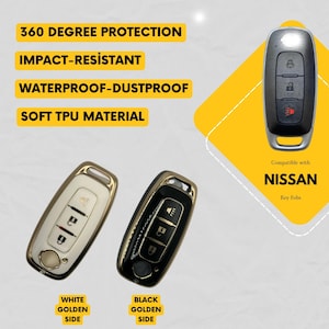 May include: Image features two car key fobs, one white and one black, with golden side accents. The text reads "360 Degree Protection", "Impact-Resistant", "Waterproof-Dustproof", and "Soft TPU Material". The key fobs are compatible with Nissan vehicles.