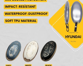 May include: Three oval-shaped key fob covers in grey, white, and black, each with golden edges and button icons. Text includes 360 DEGREE PROTECTION, IMPACT-RESISTANT, WATERPROOF-DUSTPROOF, SOFT TPU MATERIAL, and Compatible with HYUNDAI Key Fobs.