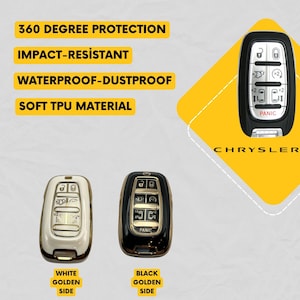 May include: Image of car key fobs with protective cases. The image shows a black and a white fob with golden side accents. Text on the image reads "360 Degree Protection", "Impact-Resistant", "Waterproof-Dustproof", and "Soft TPU Material". The word "Chrysler" is also visible.