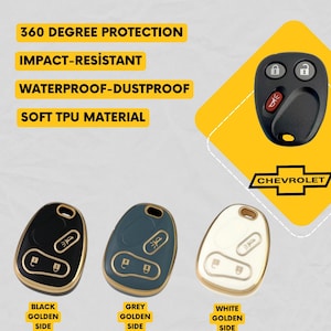 Puede incluir: Llaveros de coche en negro, gris y blanco con bordes dorados. La imagen incluye el logotipo de Chevrolet y el texto "360 DEGREE PROTECTION", "IMPACT-RESISTANT", "WATERPROOF-DUSTPROOF" y "SOFT TPU MATERIAL".