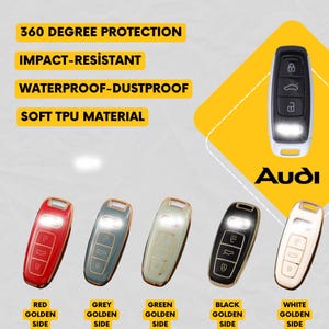 Op de afbeelding: Een assortiment Audi autosleutelhangers in verschillende kleuren, waaronder rood, grijs, groen, zwart en wit. Elke sleutelhanger heeft een gouden zijkant en het Audi-logo. De afbeelding benadrukt ook functies zoals 360-graden bescherming en impactbestendigheid.