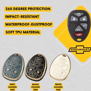 May include: Image of car key fobs in grey, black, and white with gold trim, alongside a black Chevrolet key fob. Text reads "360 Degree Protection", "Impact-Resistant", "Waterproof-Dustproof", and "Soft TPU Material". The Chevrolet logo is also visible.