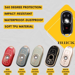 Op de afbeelding: Reclame voor Buick autosleutels in rood, grijs, groen, zwart en wit, elk met een gouden rand. De afbeelding benadrukt functies zoals 360-graden bescherming en impactbestendigheid. Het Buick-logo is ook zichtbaar.