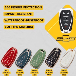 Puede incluir: Fundas protectoras para llaves de coche en rojo, gris, verde, negro y blanco con bordes dorados. La imagen incluye el logotipo de Chevrolet y el texto "360 Degree Protection", "Impact-Resistant", "Waterproof-Dustproof" y "Soft TPU Material".