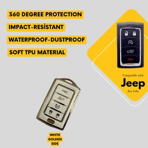 May include: Image of two Jeep key fobs, one silver and one black, with the text "360 Degree Protection", "Impact-Resistant", "Waterproof-Dustproof", and "Soft TPU Material". The key fobs are labeled "Compatible with Jeep Key Fobs".