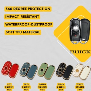 Op de afbeelding: Een verzameling autosleutelhangers in verschillende kleuren, waaronder rood, grijs, groen, zwart en wit, met goudkleurige randen. De afbeelding toont ook het woord "BUICK" en de tekst "360 DEGREE PROTECTION", "IMPACT-RESISTANT", "WATERPROOF-DUSTPROOF" en "SOFT TPU MATERIAL".