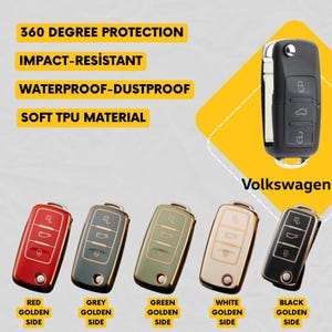 Puede incluir: Imagen de carcasas de llaves de coche Volkswagen en rojo, gris, verde, blanco y negro, con detalles laterales dorados. También se muestra un llavero negro. El texto dice "360 Degree Protection", "Impact-Resistant", "Waterproof-Dustproof" y "Soft TPU Material".