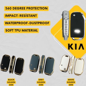 May include: Protective key fob covers in black, grey, and white with gold-colored accents. The image displays the Kia logo and text that reads "360 Degree Protection", "Impact-Resistant", "Waterproof-Dustproof", and "Soft TPU Material".