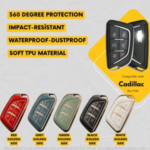 May include: Image of Cadillac key fobs in various colors, including red, grey, green, black, and white. The key fobs have a golden side and are labeled with features like 360-degree protection and impact resistance.