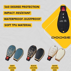 May include: Protective key fob covers for Dodge vehicles. The image shows several key fobs in various colors, including grey, black, and white, with golden side accents. The text on the image says "360 Degree Protection", "Impact-Resistant", "Waterproof-Dustproof", and "Soft TPU Material".