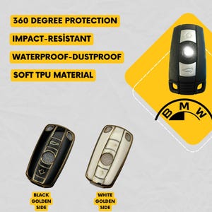 Op de afbeelding: Zwarte en witte sleutelhoezen met gouden details. De afbeelding bevat tekst met de tekst "360 DEGREE PROTECTION", "IMPACT-RESISTANT", "WATERPROOF-DUSTPROOF" en "SOFT TPU MATERIAL". Het BMW-logo is ook zichtbaar.