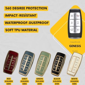 May include: Protective key fob covers in red, grey, green, black, and white with gold-colored trim. The image includes text stating "360 Degree Protection", "Impact-Resistant", "Waterproof-Dustproof", and "Soft TPU Material". Compatible with Genesis key fobs.