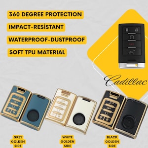 Op de afbeelding: Afbeelding van Cadillac sleutelhangers in grijs, wit en zwart met gouden accenten. De afbeelding toont ook de tekst "360 DEGREE PROTECTION", "IMPACT-RESISTANT", "WATERPROOF-DUSTPROOF" en "SOFT TPU MATERIAL". Het Cadillac-logo is ook zichtbaar.