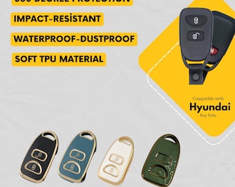 Puede incluir: Una funda de TPU suave para llaves compatible con mandos de Hyundai. El texto dice 360 DEGREE PROTECTION, IMPACT-RESISTANT, WATERPROOF-DUSTPROOF, SOFT TPU MATERIAL. Se muestran cuatro fundas en negro, gris, blanco y verde con bordes dorados.