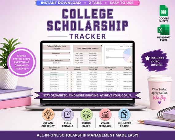 College Scholarship Tracker Google Sheet College Planning Spreadsheet Template College Preparation Deadline Tracker Excel College Planner