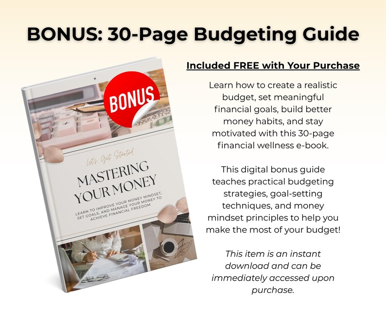 K&ouml;nnte beinhalten: Ein 30-seitiger digitaler Budgetierungsleitfaden mit dem Titel Mastering Your Money. Das Cover zeigt einen roten Bonus-Aufkleber, einen Taschenrechner und eine Person, die an einem Schreibtisch schreibt. Der Text enth&auml;lt Learn to improve your money mindset, set goals, and manage your money to achieve financial freedom.