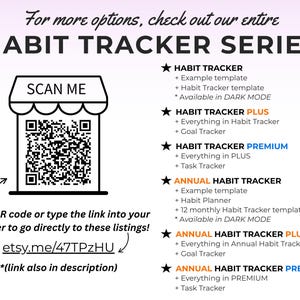 May include: A promotional image for a habit tracker series. The image features a QR code with the text "SCAN ME" above it, and a list of habit tracker options. The text includes "Habit Tracker," "Habit Tracker Plus," and "Annual Habit Tracker" options.