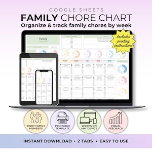 May include: A digital family chore chart displayed on a laptop, tablet, and smartphone. The chart is designed to organize and track family chores weekly. The image includes the text "FAMILY CHORE CHART" and icons for eight family members, printable template, and visual feedback.
