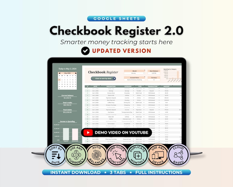 Budget & Checkbook Register Google Sheets Bank Account Tracker Finance ...