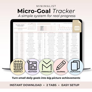 May include: A digital micro-goal tracker displayed on a laptop screen with a beige color scheme. The interface includes columns for date, goal, category, status, gratitude, intention, and notes. Five circular icons represent monthly, heatmap, minimalist, journal, and duplicate features.