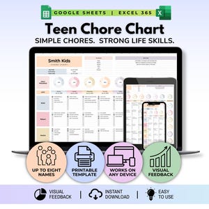 May include: A digital teen chore chart template for Google Sheets and Excel 365 displayed on a laptop, tablet, and smartphone. The interface features pastel colour-coded sections for names, daily progress charts, and task lists with checkboxes.