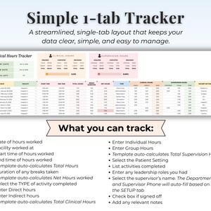 May include: A digital Clinical Hours Tracker spreadsheet template featuring a single-tab layout. The interface includes sections for Clinical Hours and Supervision Hours, with columns for date, facility, start and end times, break duration, net hours, activity type, patient setting, and notes.