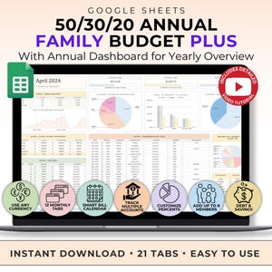 50 30 20 Annual Budget Spreadsheet for Google Sheet Finance Tracker Expense Income Savings Debt Management Bill Tracker Budget Debt Tracker
