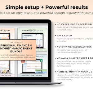 May include: A digital personal finance and money management bundle for Google Sheets displayed on a laptop screen. The bundle includes a monthly budget, checkbook register, debt payoff, savings, and bill calendar with automated calculations.