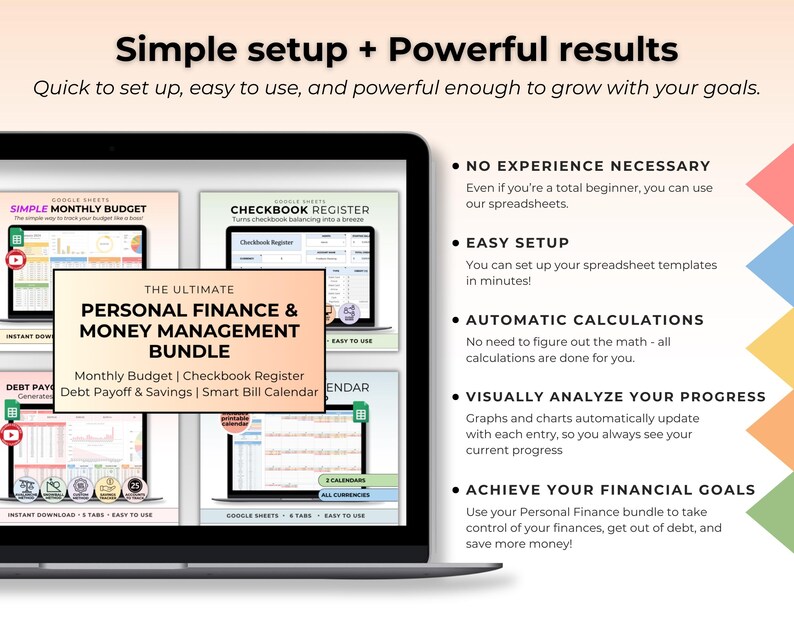 May include: A digital personal finance and money management bundle for Google Sheets displayed on a laptop screen. The bundle includes a monthly budget, checkbook register, debt payoff, savings, and bill calendar with automated calculations.