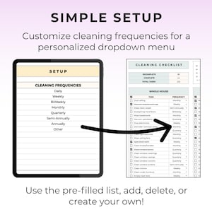 May include: A digital tablet displays a cleaning frequency setup menu and a cleaning checklist. The text reads "SIMPLE SETUP" and "Customize cleaning frequencies for a personalized dropdown menu."