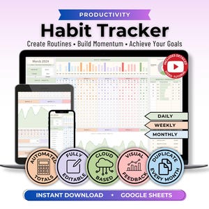 May include: A digital productivity habit tracker displayed on a laptop, tablet, and smartphone screen. The interface features charts, calendars, and progress bars. Five circular icons highlight features: Automated Totals, Fully Editable, Cloud Based, Visual Feedback, and Duplicate Every Month. Text includes "Productivity Habit Tracker," "Create Routines," and "Google Sheets."