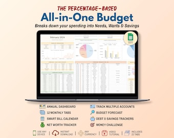 All in One Budget Planner Google Sheets: Percentage Budget 503020 with Debt Payoff Calculator, Net Worth Tracker (Digital Download)