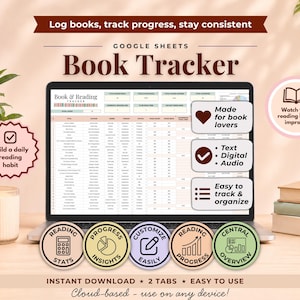 Könnte beinhalten: Ein Laptop zeigt einen Google Sheets-Buch-Tracker mit dem Titel "Book Tracker". Der Bildschirm zeigt eine Tabelle mit Spalten zur Verfolgung von Büchern. Der Text enthält: "Log books, track progress, stay consistent."
