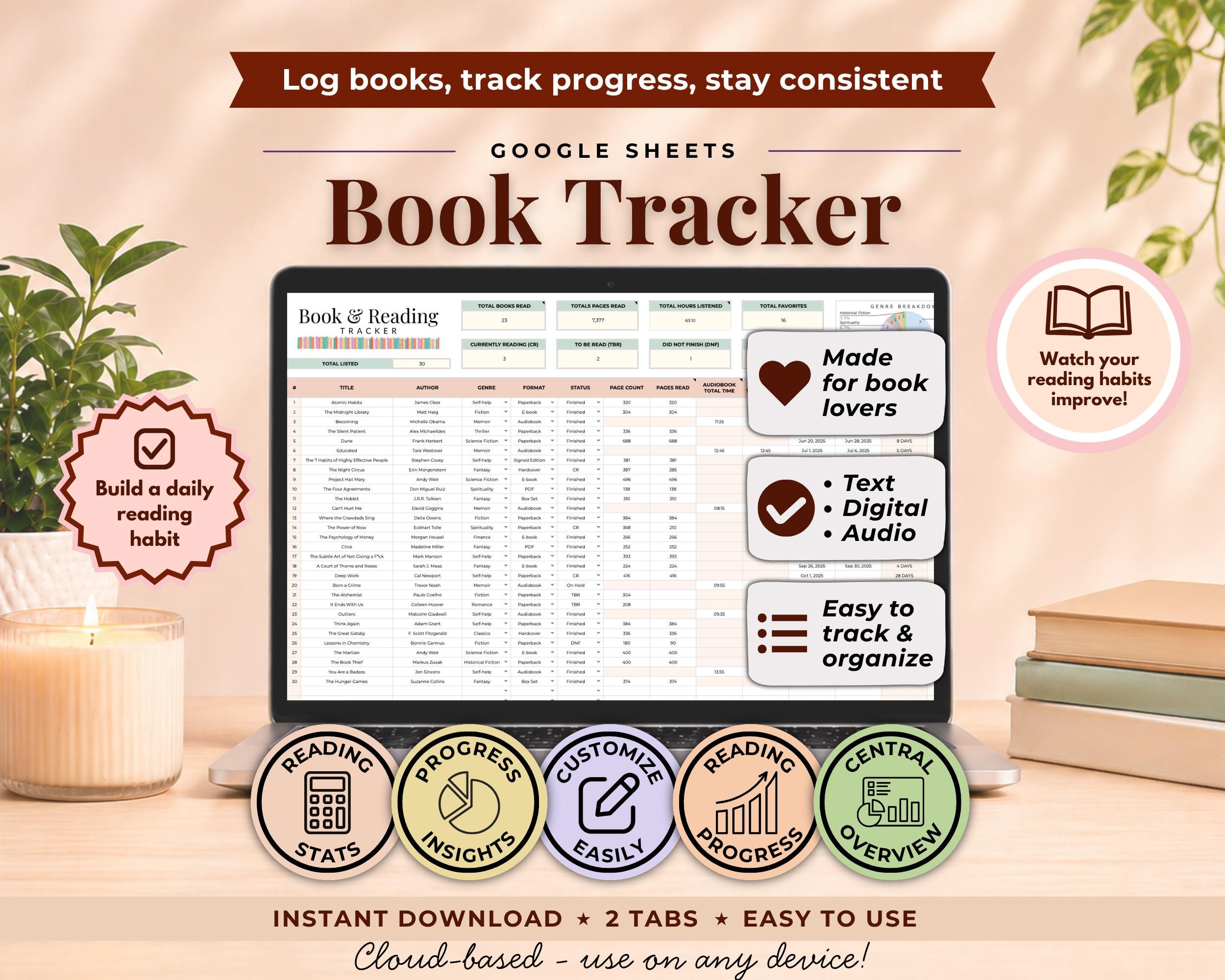 Book and Reading Tracker Spreadsheet Google Sheet Reading Journal ...
