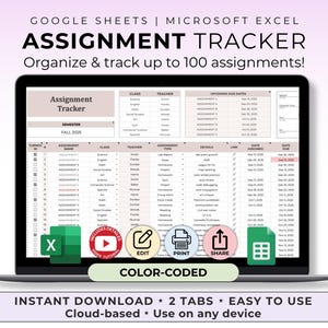 Op de afbeelding: Een laptopscherm toont een sjabloon voor een opdrachttracker voor Google Sheets en Microsoft Excel. De tekst luidt "ASSIGNMENT TRACKER" en "Organiseer en volg tot 100 opdrachten!" De sjabloon is kleurgecodeerd en bevat secties voor klas, leraar en vervaldatums.
