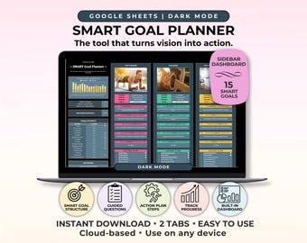 Kalkylblad för målspårning Mörkt läge Målplanerare Google Sheets Mall för SMART målsättning Visionstavla Nyårslöftesplanerare 2026