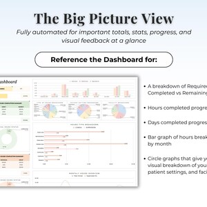 May include: A digital dashboard interface titled The Big Picture View, featuring automated charts, progress bars, and data tables. It displays clinical and supervision hours, patient settings, and project breakdowns with text labels for totals, stats, and progress.
