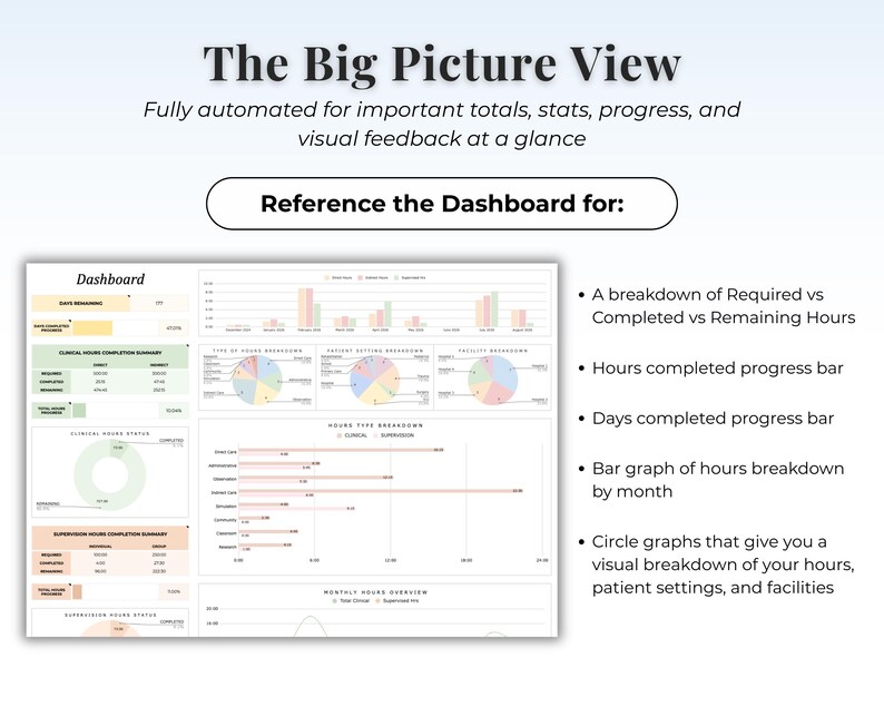 May include: A digital dashboard interface titled The Big Picture View, featuring automated charts, progress bars, and data tables. It displays clinical and supervision hours, patient settings, and project breakdowns with text labels for totals, stats, and progress.