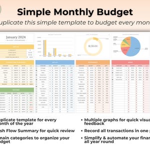 May include: A digital Simple Monthly Budget spreadsheet template featuring a January 2024 dashboard, cash flow summary, income, bills, expenses, and debt tables. Includes bar charts, a donut chart, and a pie chart for visual financial tracking.