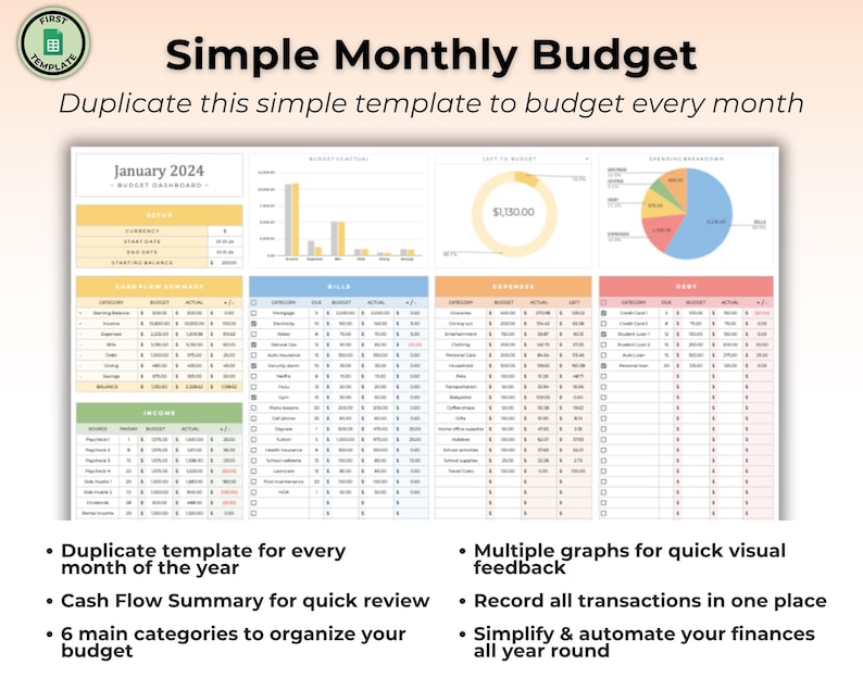 May include: A digital Simple Monthly Budget spreadsheet template featuring a January 2024 dashboard, cash flow summary, income, bills, expenses, and debt tables. Includes bar charts, a donut chart, and a pie chart for visual financial tracking.