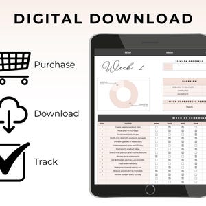 May include: A digital download graphic with the words "DIGITAL DOWNLOAD" at the top. The image shows a tablet displaying a weekly progress chart. Icons for purchase, download, and track are also included.