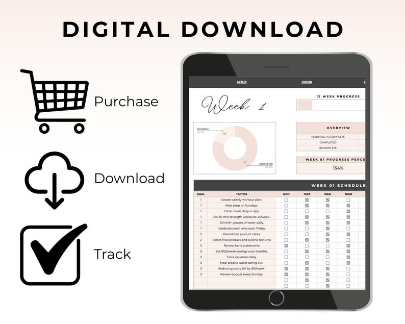 May include: A digital download graphic with the words "DIGITAL DOWNLOAD" at the top. The image shows a tablet displaying a weekly progress chart. Icons for purchase, download, and track are also included.